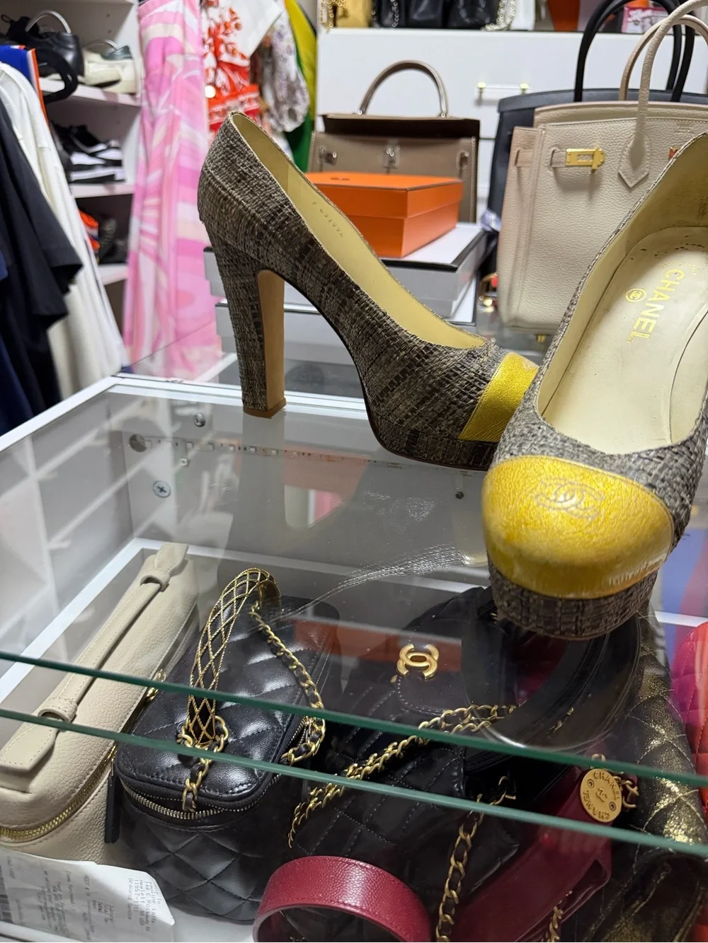 CHANEL Brown Tweed Pumps with Yellow Cap Toe